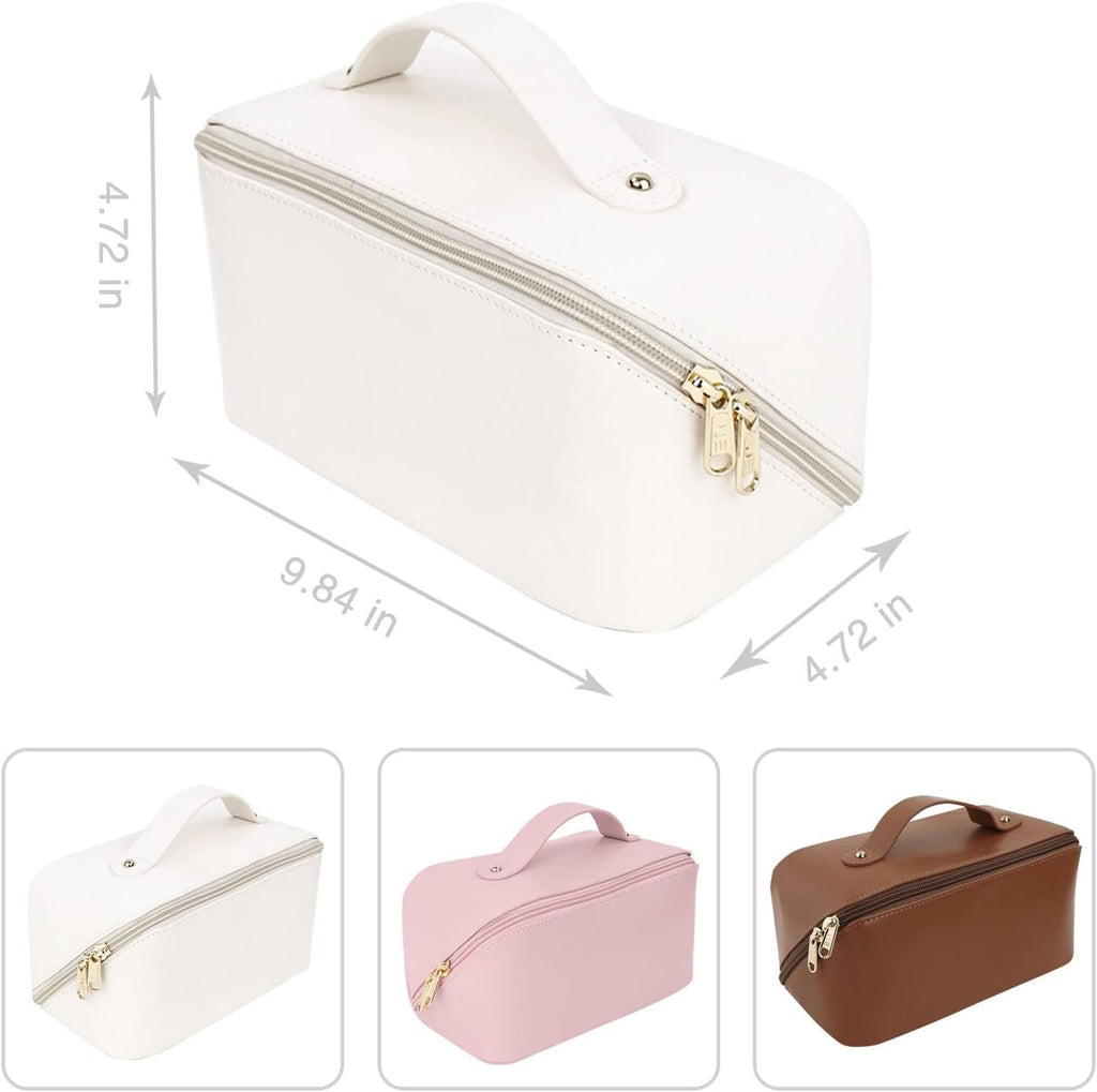 Large Capacity Travel Cosmetic Bag With Handle And Divider - Multifunctional Makeup Bag For Easy Access, Waterproof- (Cream), 10 cm