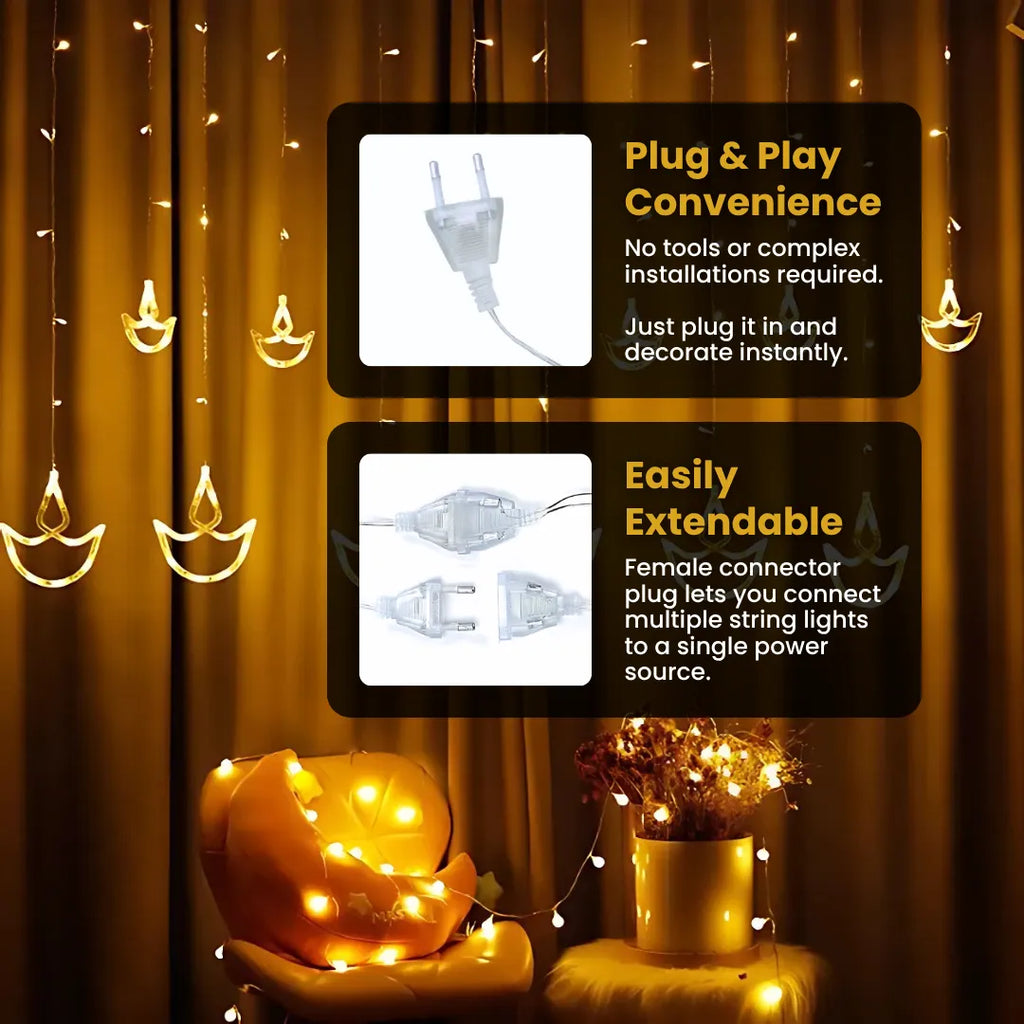 Diya Curtain Lights | Warm White LED | Diwali Decoration