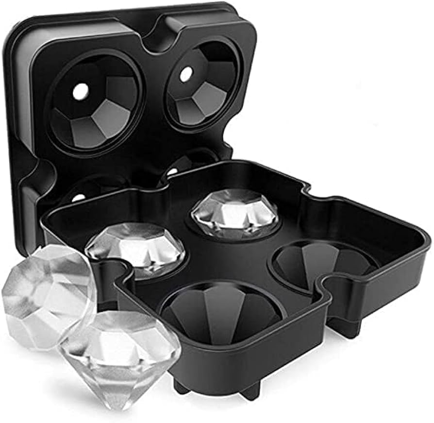 Diamond Ice Cube Mold – Reusable Silicone Ice Tray with 4 Diamond Cavities, Easy Release Whiskey Ice Maker with Funnel for Cocktails & Drinks Black 1pc