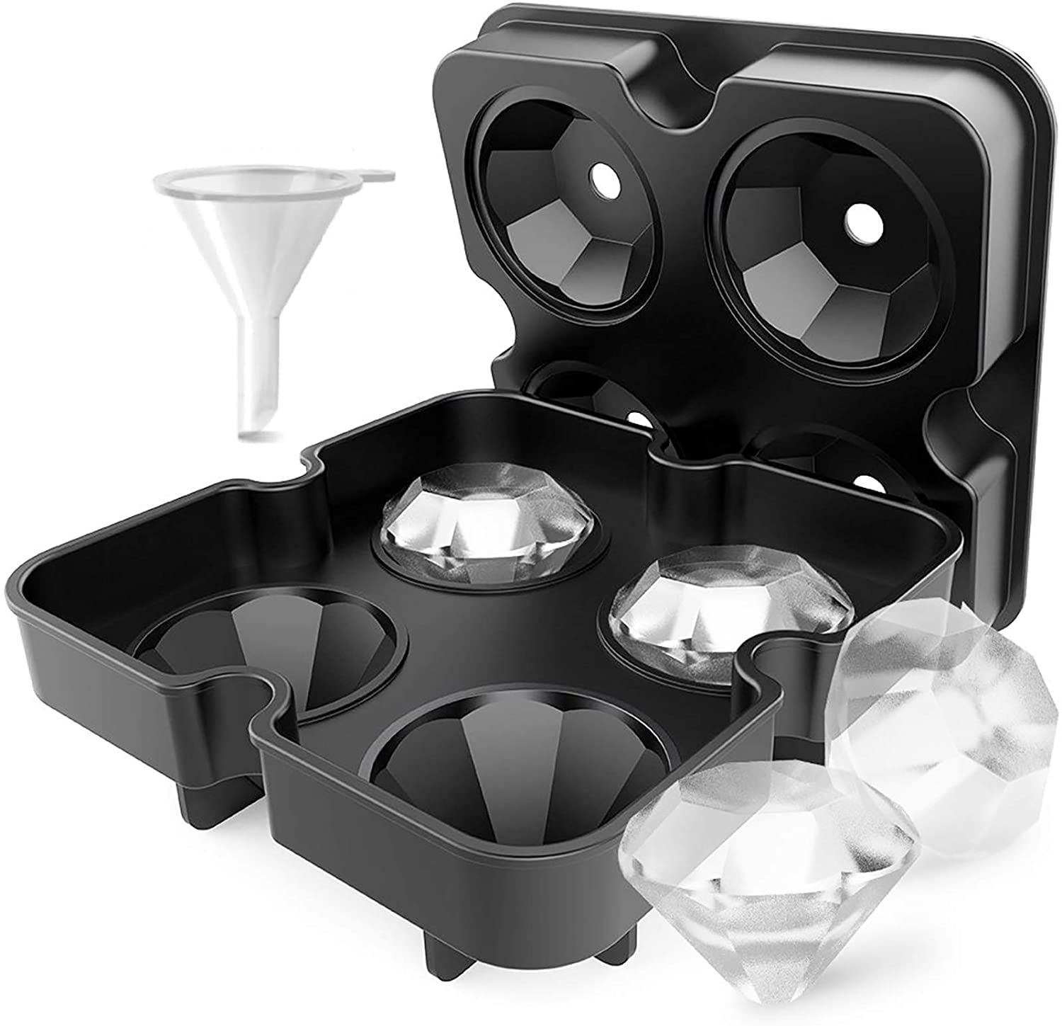 Diamond Ice Cube Mold – Reusable Silicone Ice Tray with 4 Diamond Cavities, Easy Release Whiskey Ice Maker with Funnel for Cocktails & Drinks Black 1pc