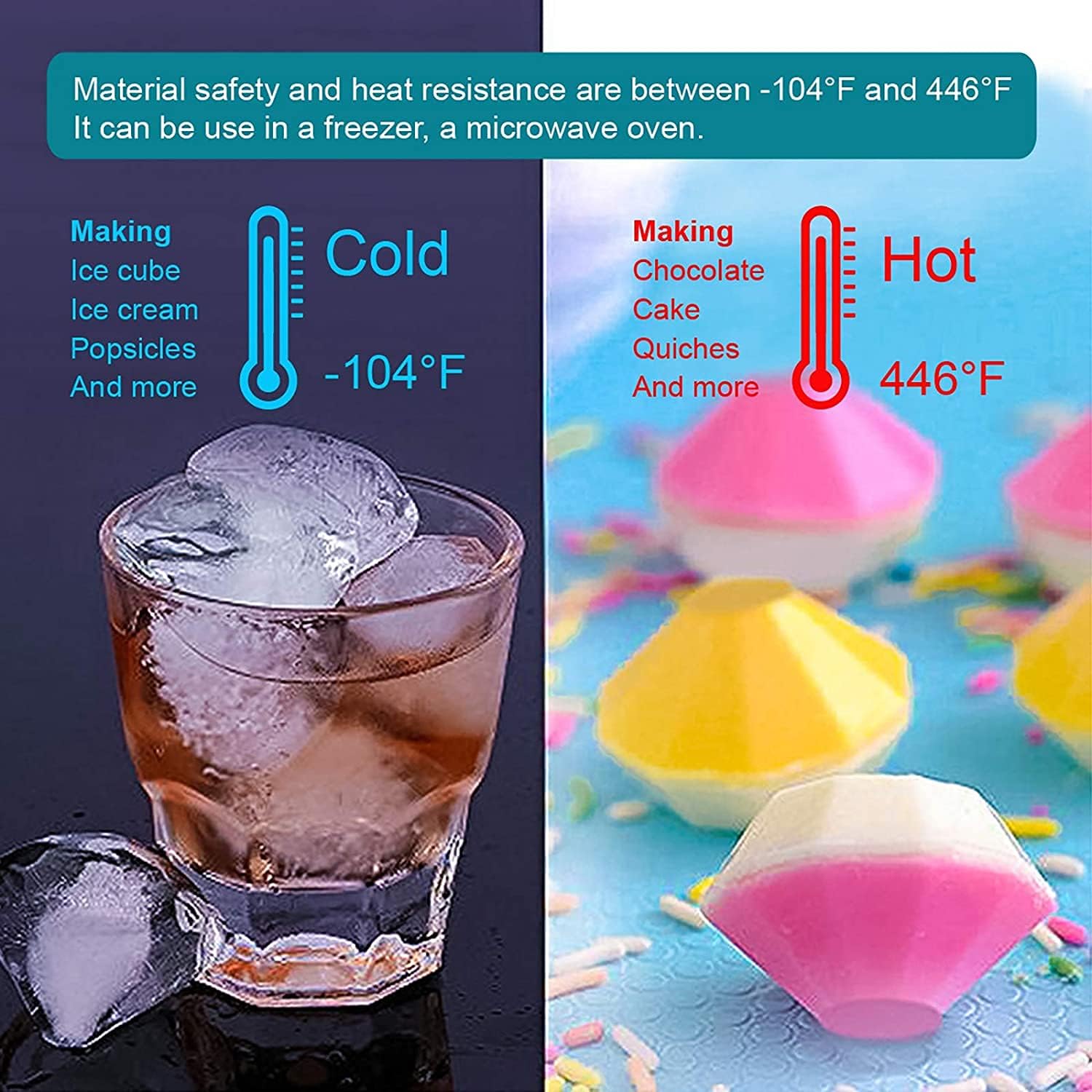 Diamond Ice Cube Mold – Reusable Silicone Ice Tray with 4 Diamond Cavities, Easy Release Whiskey Ice Maker with Funnel for Cocktails & Drinks Black 1pc