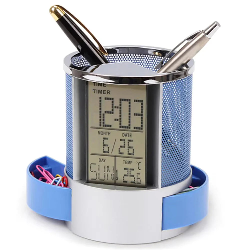 ZYOZ Digital Desk Clock with Pen Holder – Multifunctional LED Display with Time, Date, Temperature, Alarm & Calendar – Modern Office Table Organizer Main image