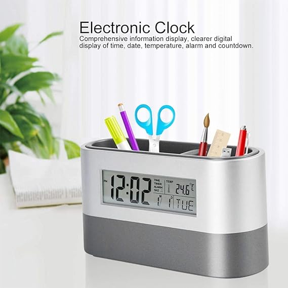 Digital Table Clock With Pen Holder, Home Office Essentials 1pc Main image