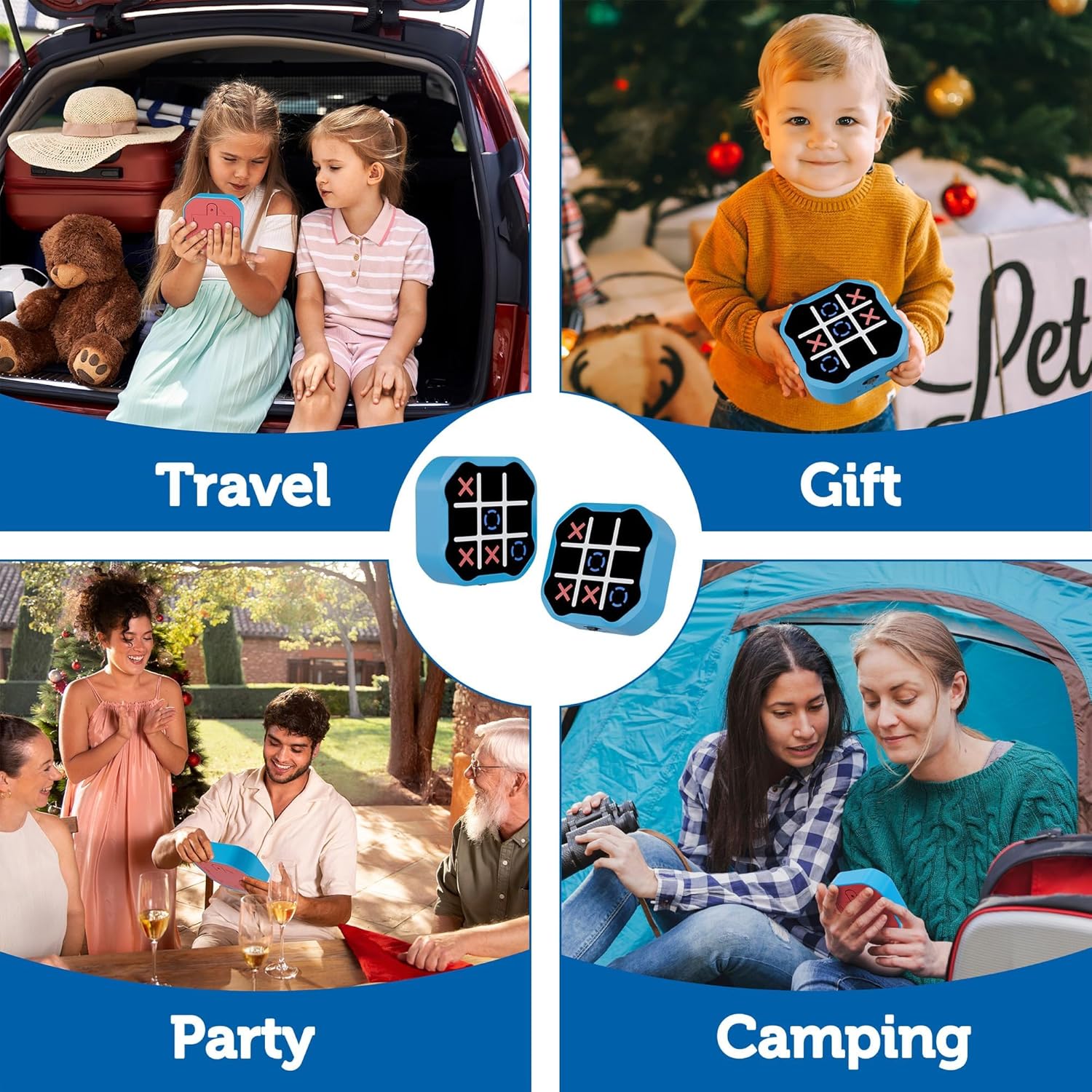 Electronic Tic Tac Toe Game, Handheld Digital Tic Tac Toe Bolt Game with Silent Mode, Portable Learing Toy Gift for Kids & Adults, Blue