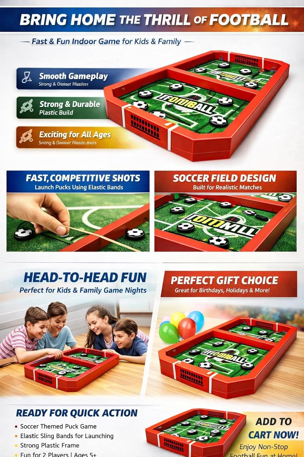 Fast String Puck Game, Football Soccer Theme Table Game with Red Frame and Game Pieces