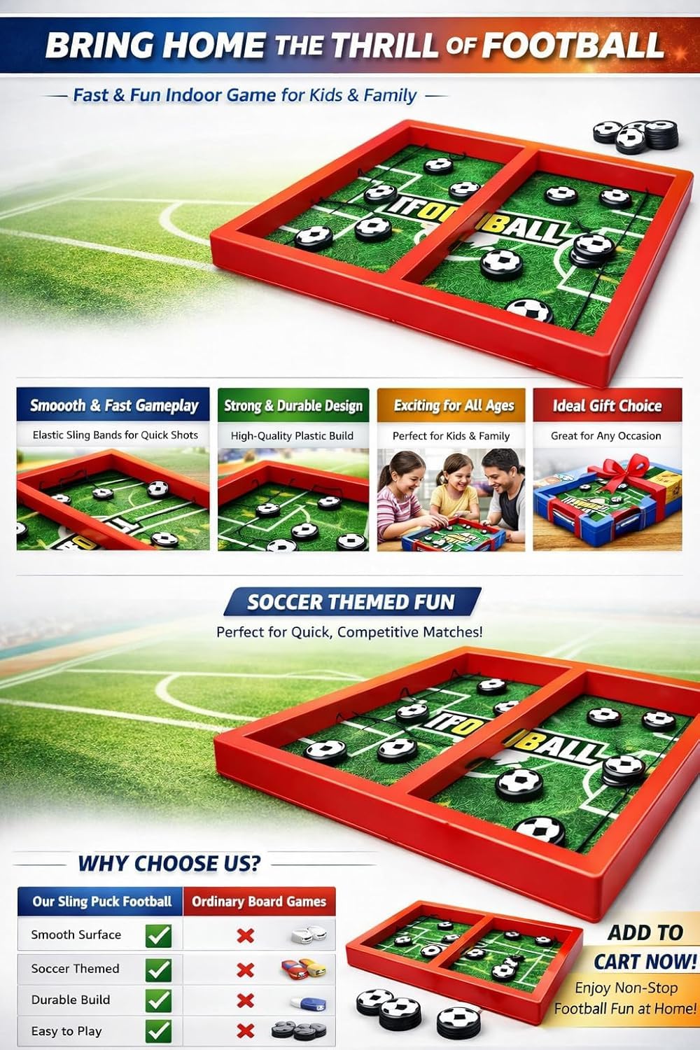 Fast String Puck Game, Football Soccer Theme Table Game with Red Frame and Game Pieces