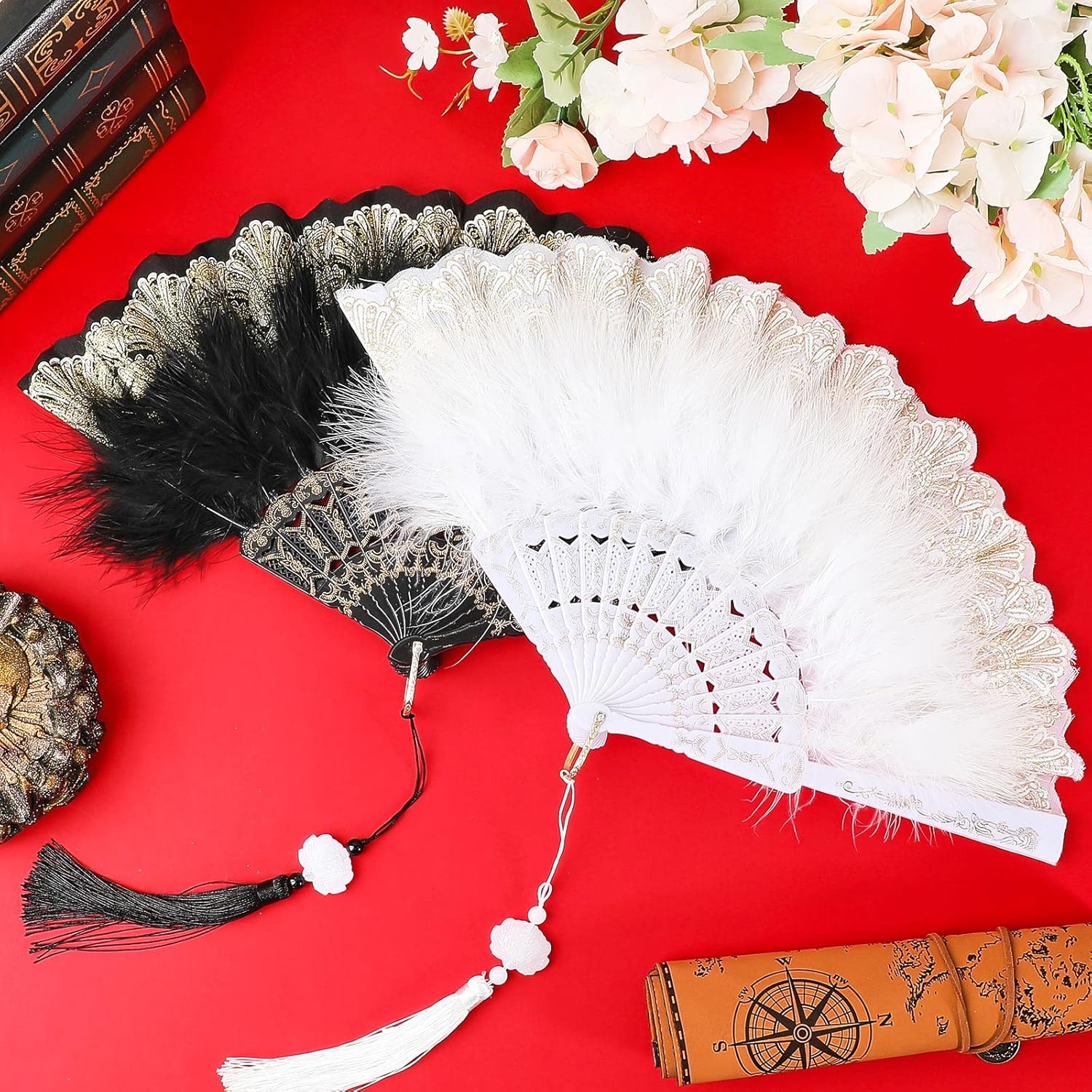 Feather Hand Fan Embroidered Flower Marabou 1920s Feather Fan Hand Folding Drag Queen for 20s Women Costume Party Dancing Photoshoot Wedding Decor