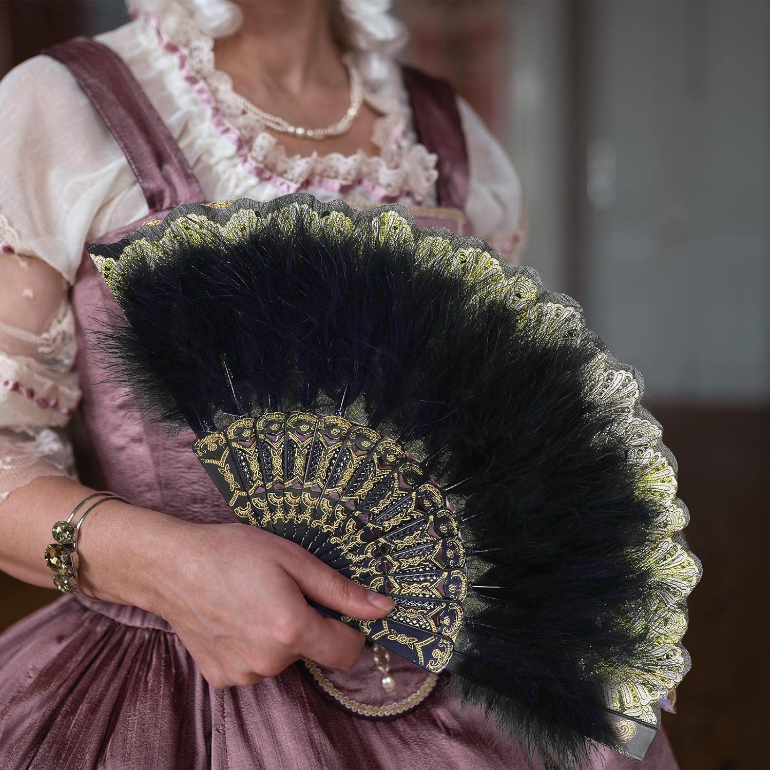 Feather Hand Fan Embroidered Flower Marabou 1920s Feather Fan Hand Folding Drag Queen for 20s Women Costume Party Dancing Photoshoot Wedding Decor