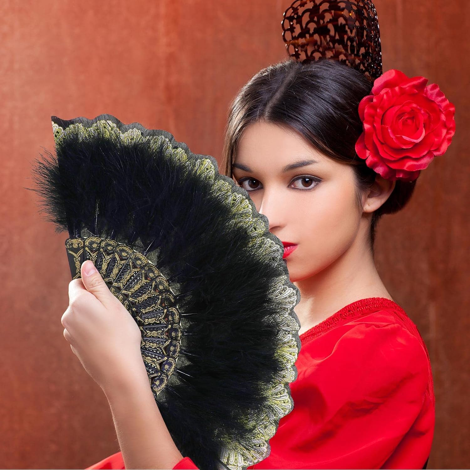 ZYOZ Feather Hand Fan Embroidered Flower Marabou 1920s Feather Fan Hand Folding Drag Queen for 20s Women Costume Party Dancing Photoshoot Wedding Decor Main image