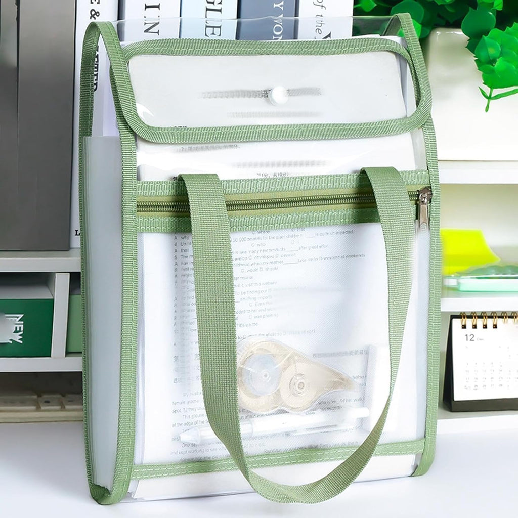 A4 Vertical File Holder Bag with Handle, Transparent Document Organizer Folder, Plastic File Storage with Zipper for Office, School & Exams
