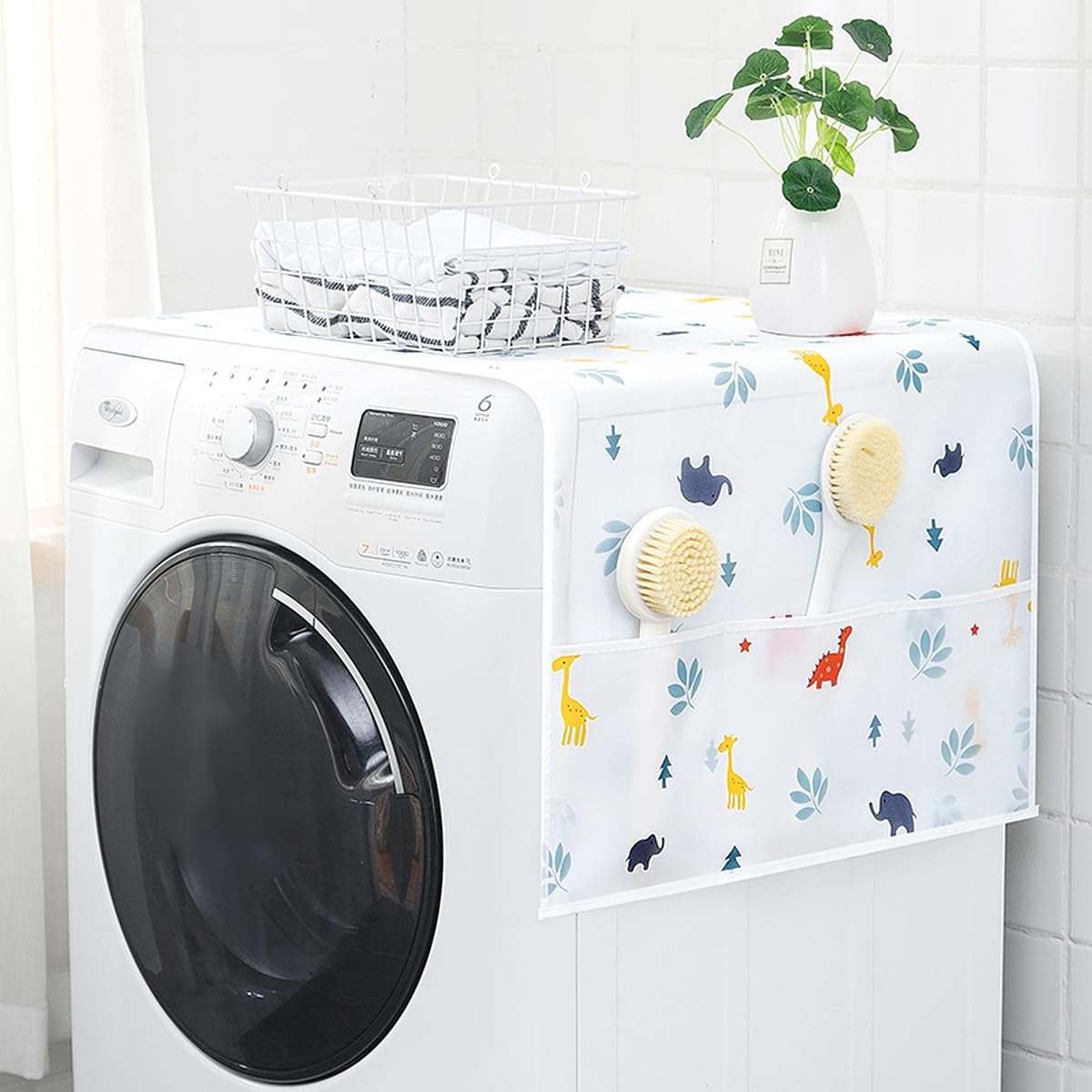 Washing-machine Fridge Cover for Top with 6 Utility Pockets Cartoon Prints Waterproof Single Door (130 x 54 cm)