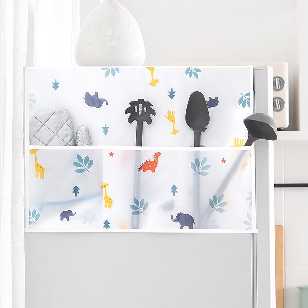 Washing-machine Fridge Cover for Top with 6 Utility Pockets Cartoon Prints Waterproof Single Door (130 x 54 cm)