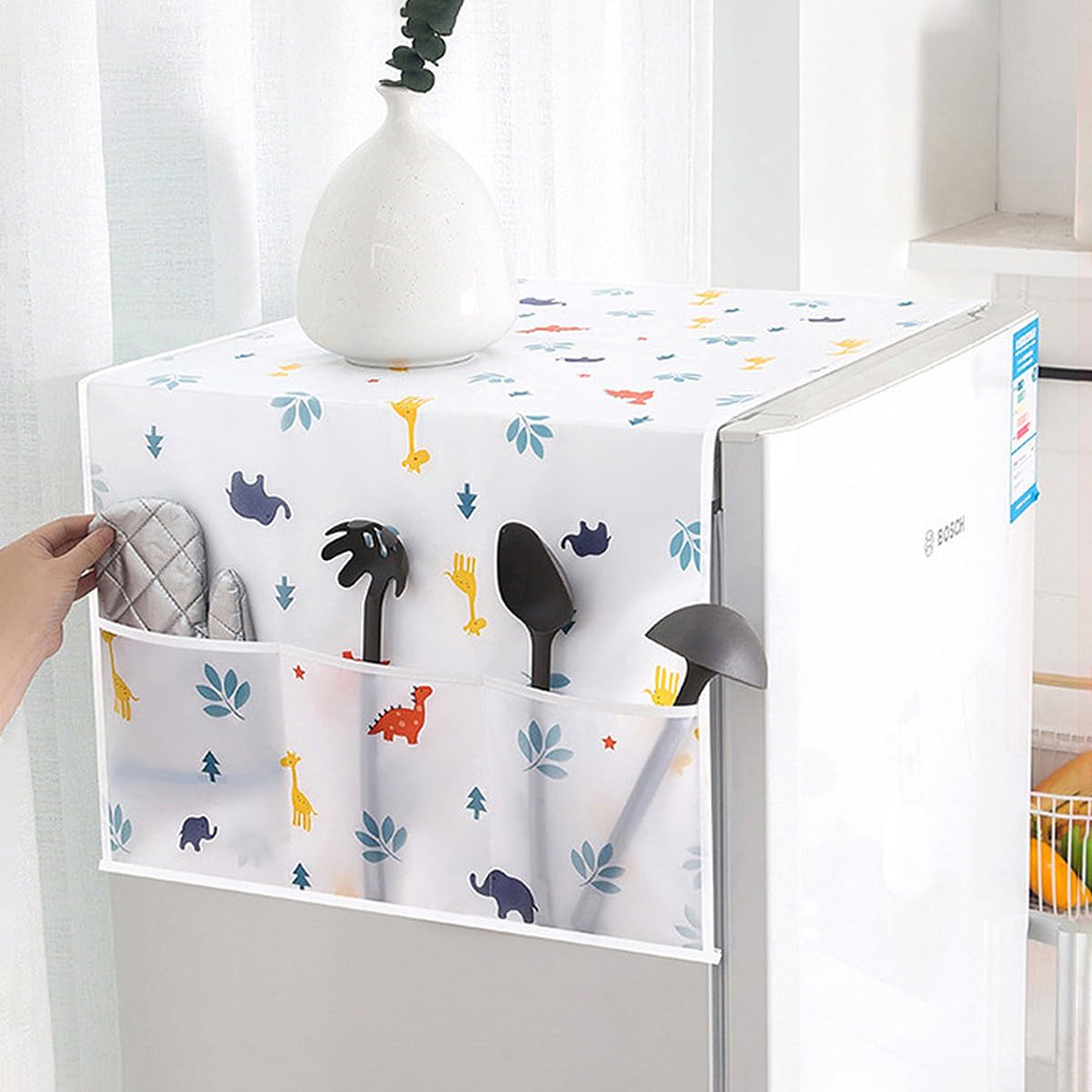 Washing-machine Fridge Cover for Top with 6 Utility Pockets Cartoon Prints Waterproof Single Door (130 x 54 cm)