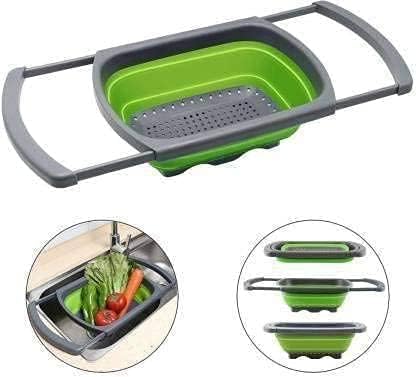 Collapsible Silicone Colander Strainer Basket with Extended Handles,6QT Foldable Food Strainer for Over Sink-Fruit and Vegetable Washer Tray,Pasta Noodle Drainer for Home and Restaurant Kitchen