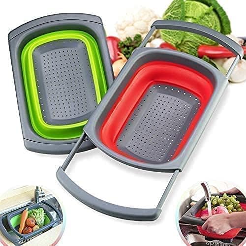Collapsible Silicone Colander Strainer Basket with Extended Handles,6QT Foldable Food Strainer for Over Sink-Fruit and Vegetable Washer Tray,Pasta Noodle Drainer for Home and Restaurant Kitchen