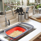 Collapsible Silicone Colander Strainer Basket with Extended Handles,6QT Foldable Food Strainer for Over Sink-Fruit and Vegetable Washer Tray,Pasta Noodle Drainer for Home and Restaurant Kitchen