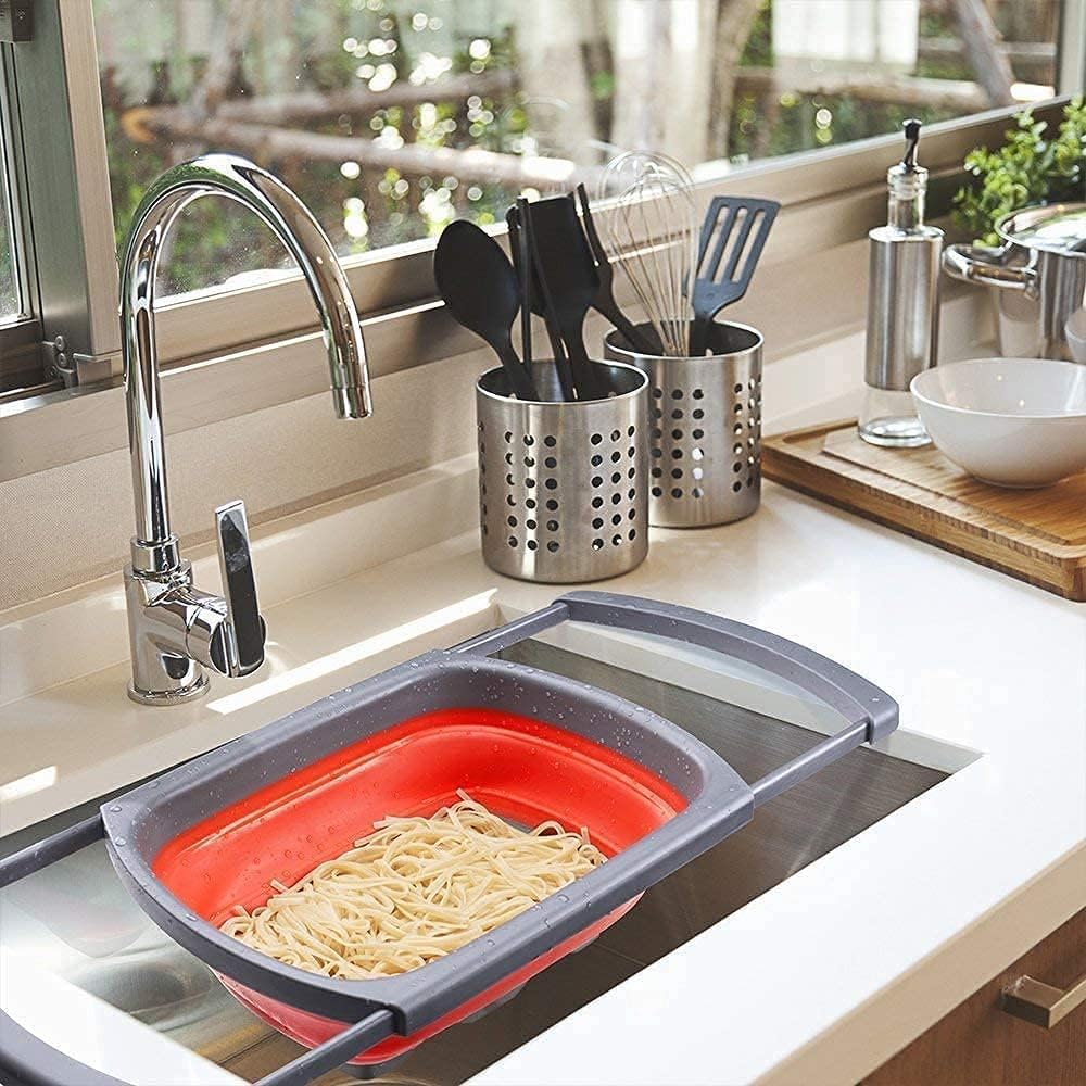 Collapsible Silicone Colander Strainer Basket with Extended Handles,6QT Foldable Food Strainer for Over Sink-Fruit and Vegetable Washer Tray,Pasta Noodle Drainer for Home and Restaurant Kitchen