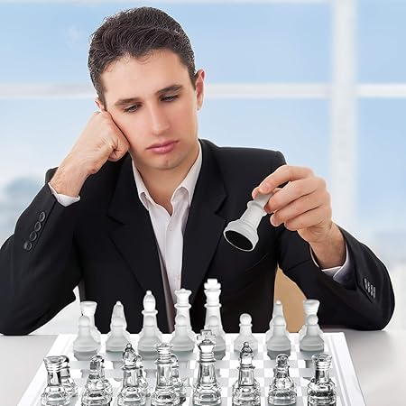 Glass Chess Set with Glass Board | Frosted & Clear Chess Pieces | Mind Game for Adults | Strategy/Outdoor Game (Set of 1)(25x25cm)
