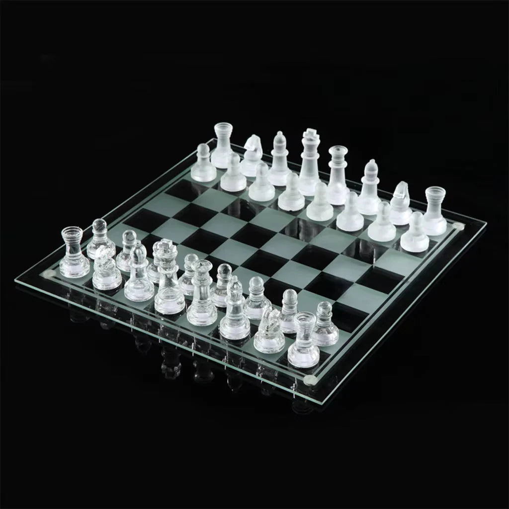 Glass Chess Set with Glass Board | Frosted & Clear Chess Pieces | Mind Game for Adults | Strategy/Outdoor Game (Set of 1)(25x25cm) Main image