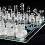 Glass Chess Set with Glass Board | Frosted & Clear Chess Pieces | Mind Game for Adults | Strategy/Outdoor Game (Set of 1)(25x25cm)