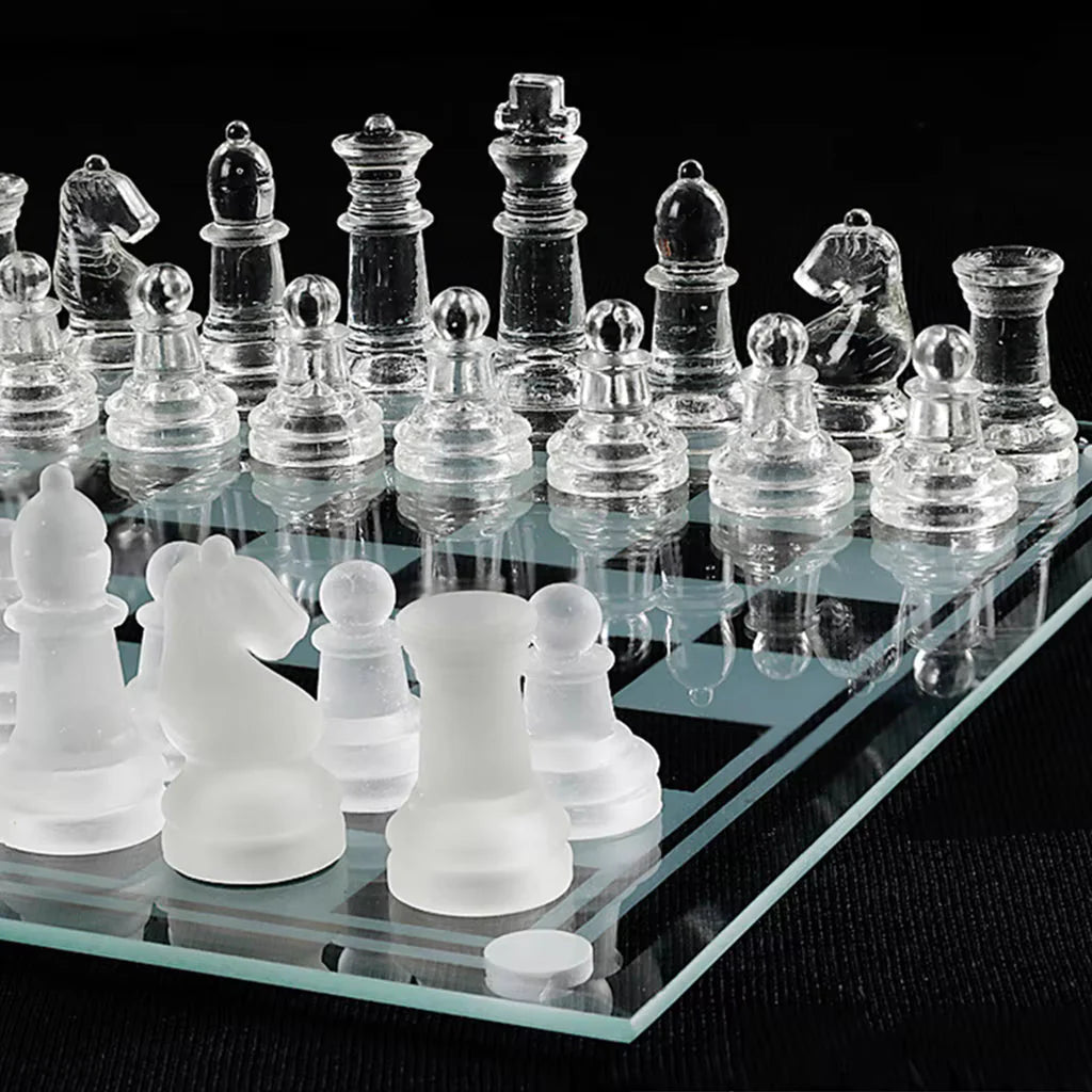 Glass Chess Set with Glass Board | Frosted & Clear Chess Pieces | Mind Game for Adults | Strategy/Outdoor Game (Set of 1)(25x25cm)