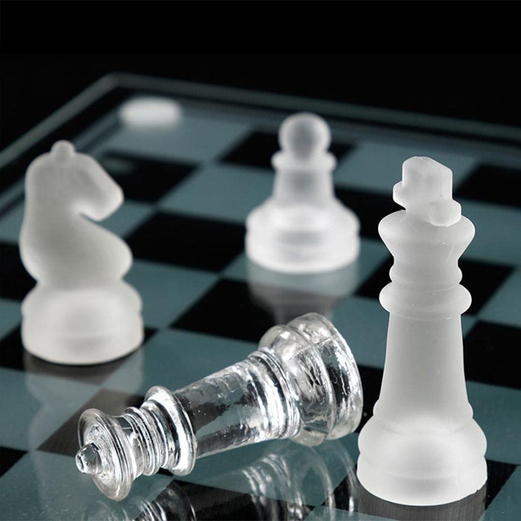 Glass Chess Set with Glass Board | Frosted & Clear Chess Pieces | Mind Game for Adults | Strategy/Outdoor Game (Set of 1)(25x25cm)