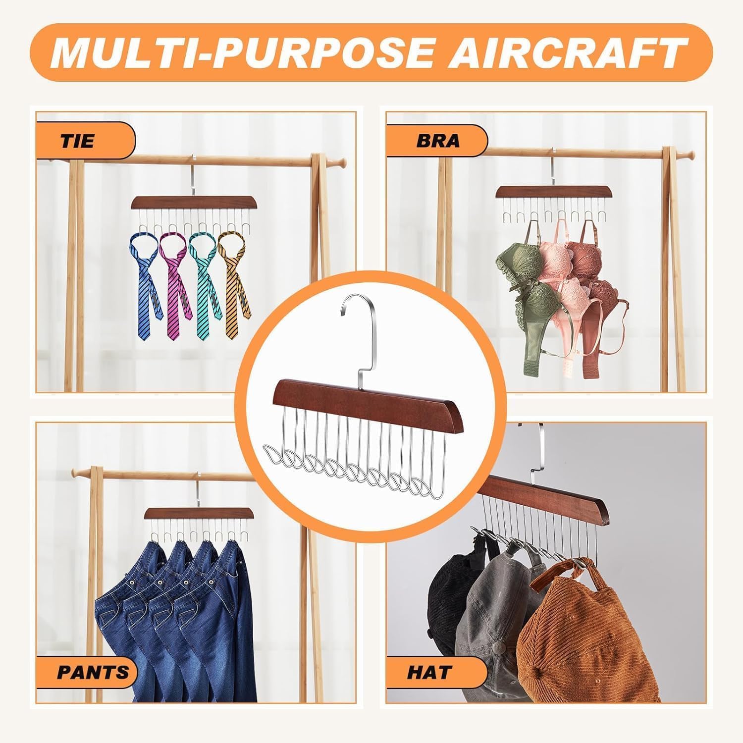 Multi Purpose 8 Hook Wooden Hanger for Clothes Storage, Space Saving Closet Organizer, Rotating Hook Hanger for Shirts, Pants, Accessories, Wardrobe Storage Solution (Pack of 1)