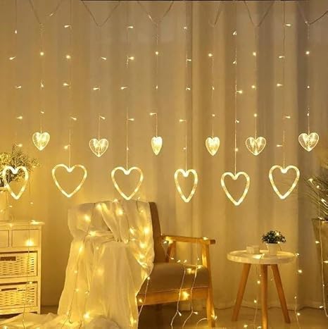 Heart Curtain LED Lights Fairy String Garland for Valentine’s Day, Christmas, Wedding, Party & Home Décor Heart-Shaped Decoration Lights for New Year & Festive Decor, 12 PCS - Multicolor Main image