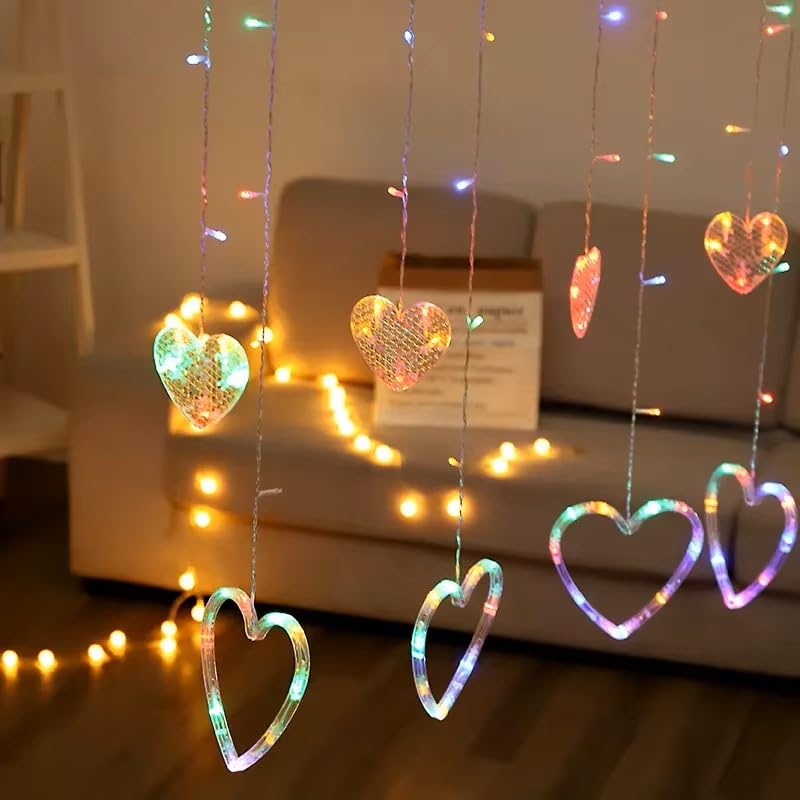 ZYOZ Heart Curtain LED Lights Fairy String Garland for Valentine’s Day, Christmas, Wedding, Party & Home Décor Heart-Shaped Decoration Lights for New Year & Festive Decor, 12 PCS - Multicolor