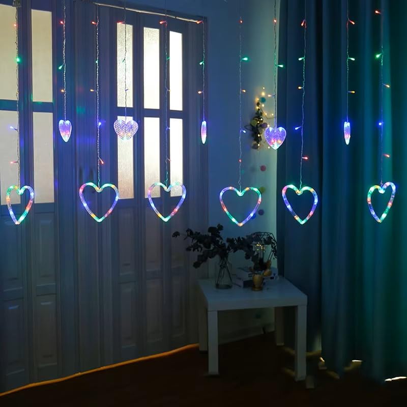 ZYOZ Heart Curtain LED Lights Fairy String Garland for Valentine’s Day, Christmas, Wedding, Party & Home Décor Heart-Shaped Decoration Lights for New Year & Festive Decor, 12 PCS - Multicolor