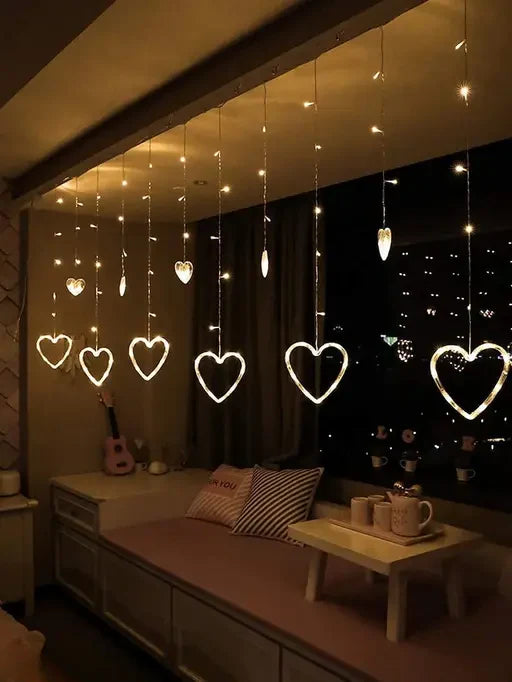 Heart Curtain LED Lights Fairy String Garland for Valentine’s Day, Christmas, Wedding, Party & Home Décor Heart-Shaped Decoration Lights for New Year & Festive Decor, 12 PCS - Multicolor Secondary image