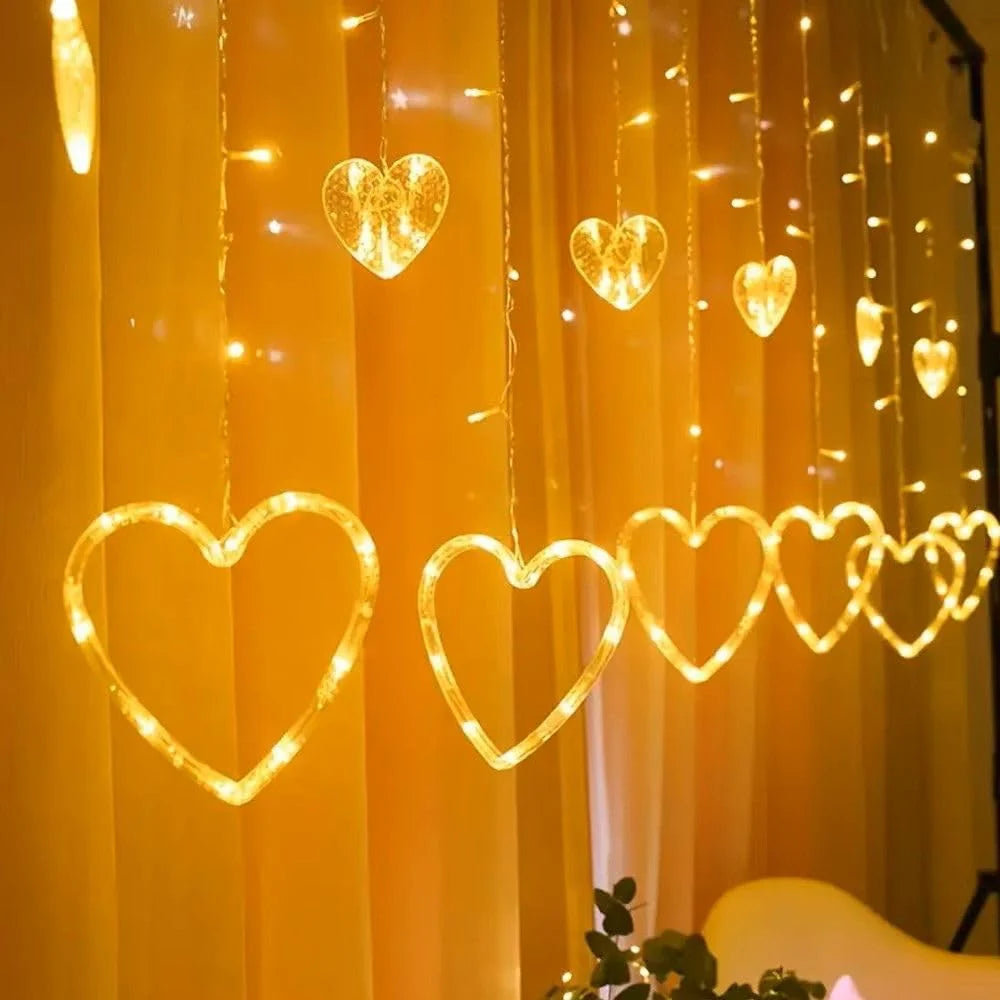 ZYOZ Heart Curtain LED Lights Fairy String Garland for Valentine’s Day, Christmas, Wedding, Party & Home Décor Heart-Shaped Decoration Lights for New Year & Festive Decor, 12 PCS - Multicolor