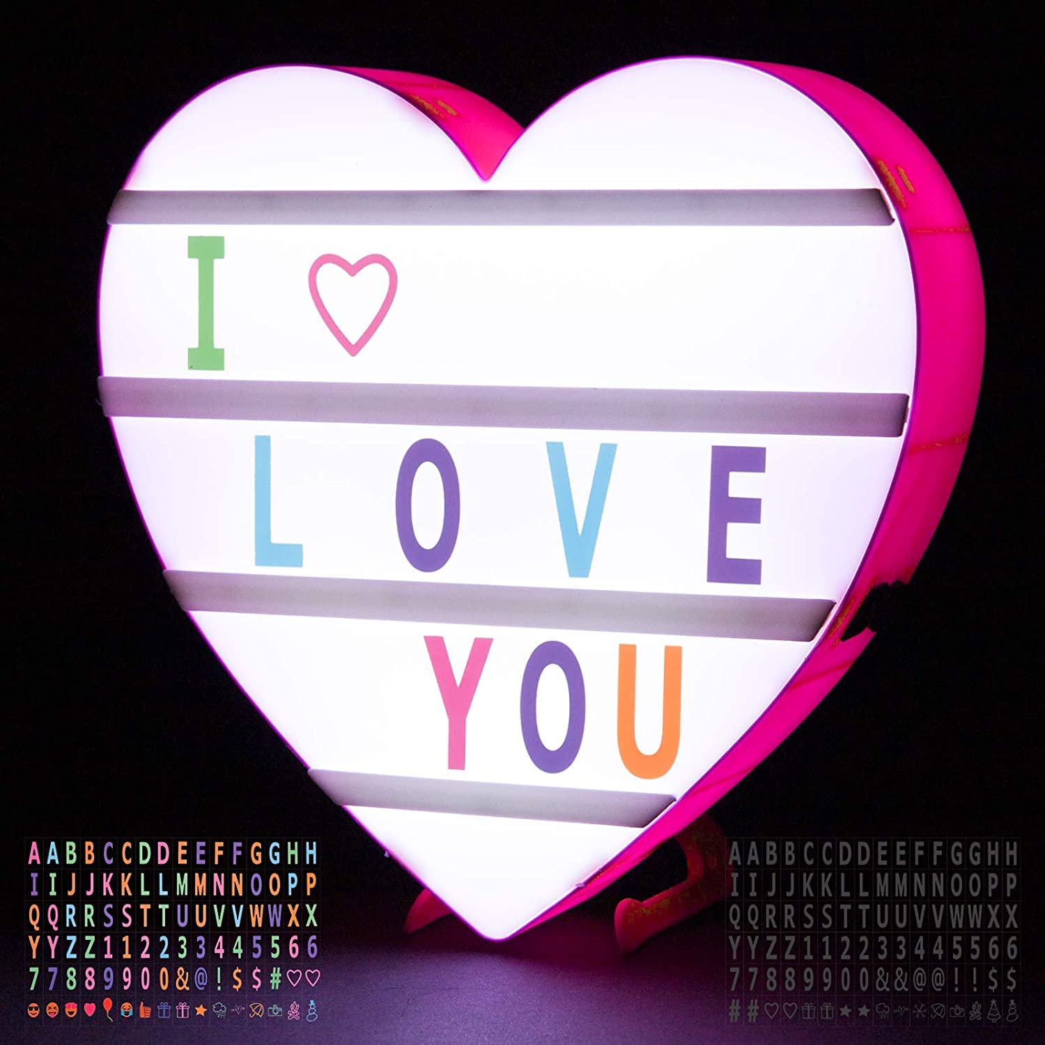 Heart-Shaped LED Cinema Light Box- Pink LED Changable Light Sign with 192pcs Letters Numbers Symbols Emojis to Create Personalized Messages Home Decors (USB & Battery Powered) Main image