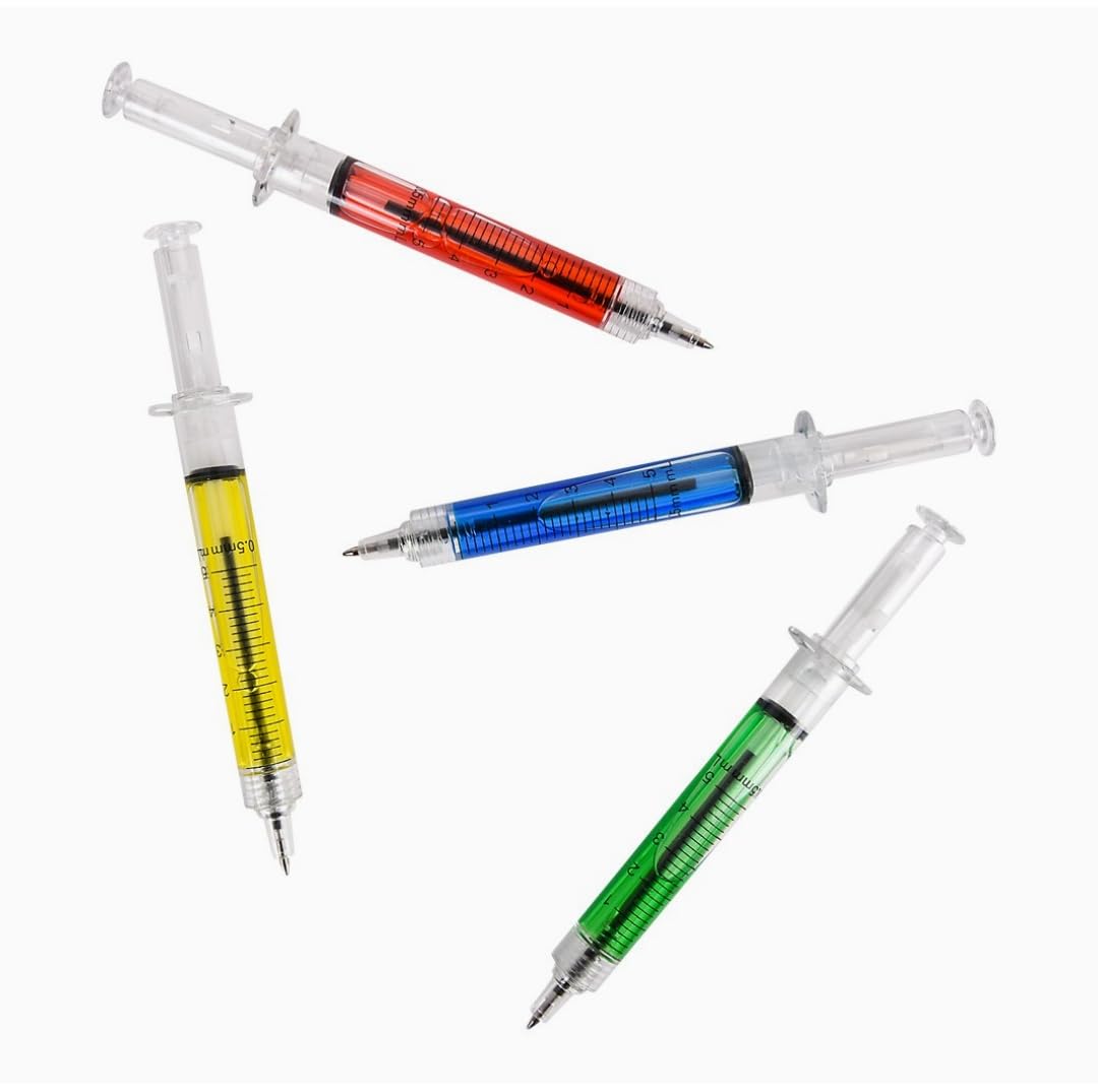 Injection pens, Novelty Syringe Design Ballpoint Pens, Multi-Color, Pack of 4