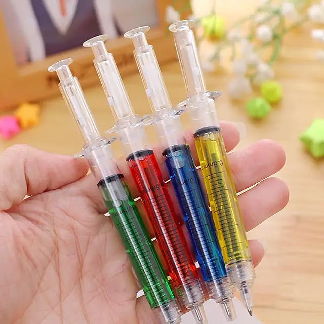 Injection pens, Novelty Syringe Design Ballpoint Pens, Multi-Color, Pack of 4