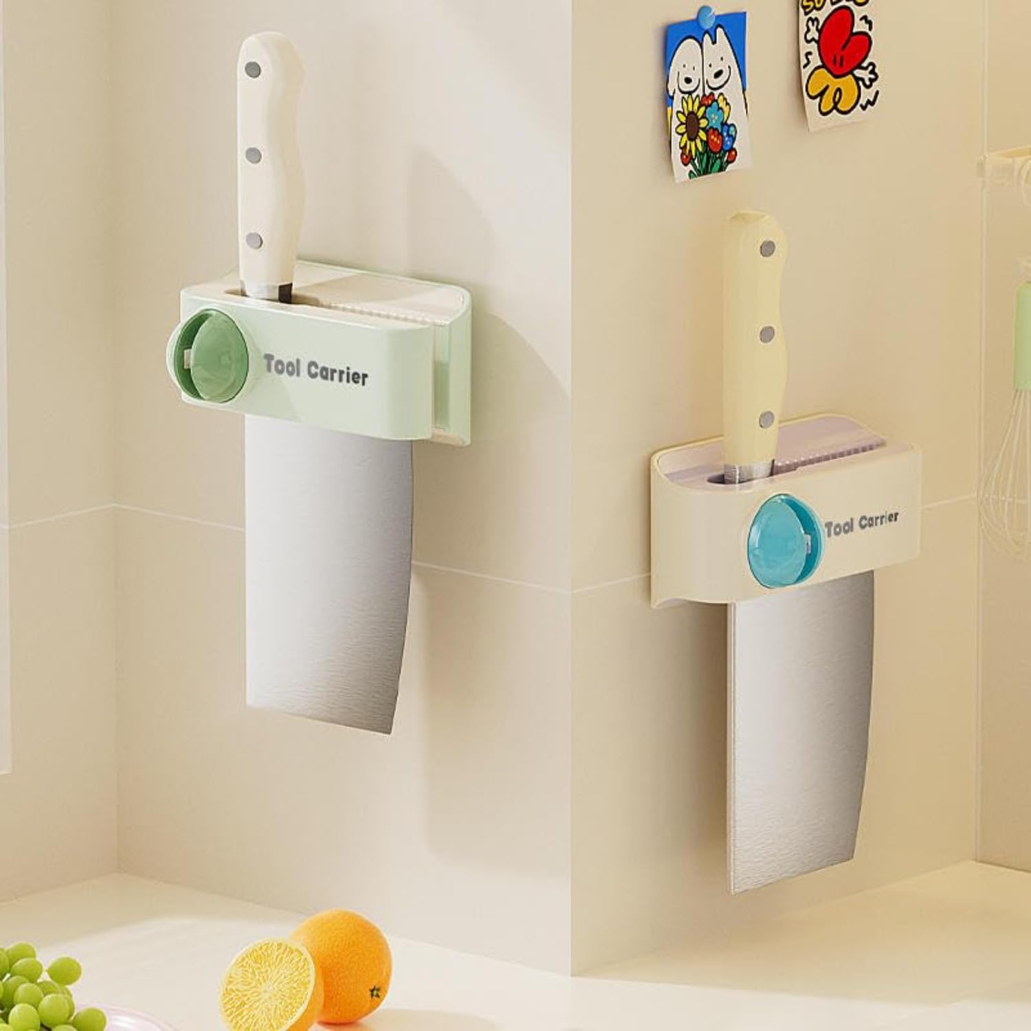 2-in-1 Wall-Mounted Knife Holder with Built-in Sharpener | Integrated Ceramic Sharpening Stone with Magnetic Blade Holder | Space Saving No-Drill Adhesive Tool for Kitchen, Scissors- 1 PC