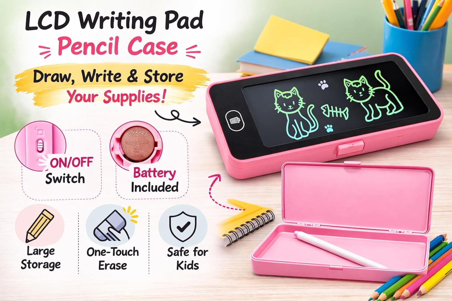 2 in 1 LCD Writing Pad Pencil Box for Kids | Large Storage Smart Pencil Case with Erase Button | Drawing Tablet for Boys Girls School Use