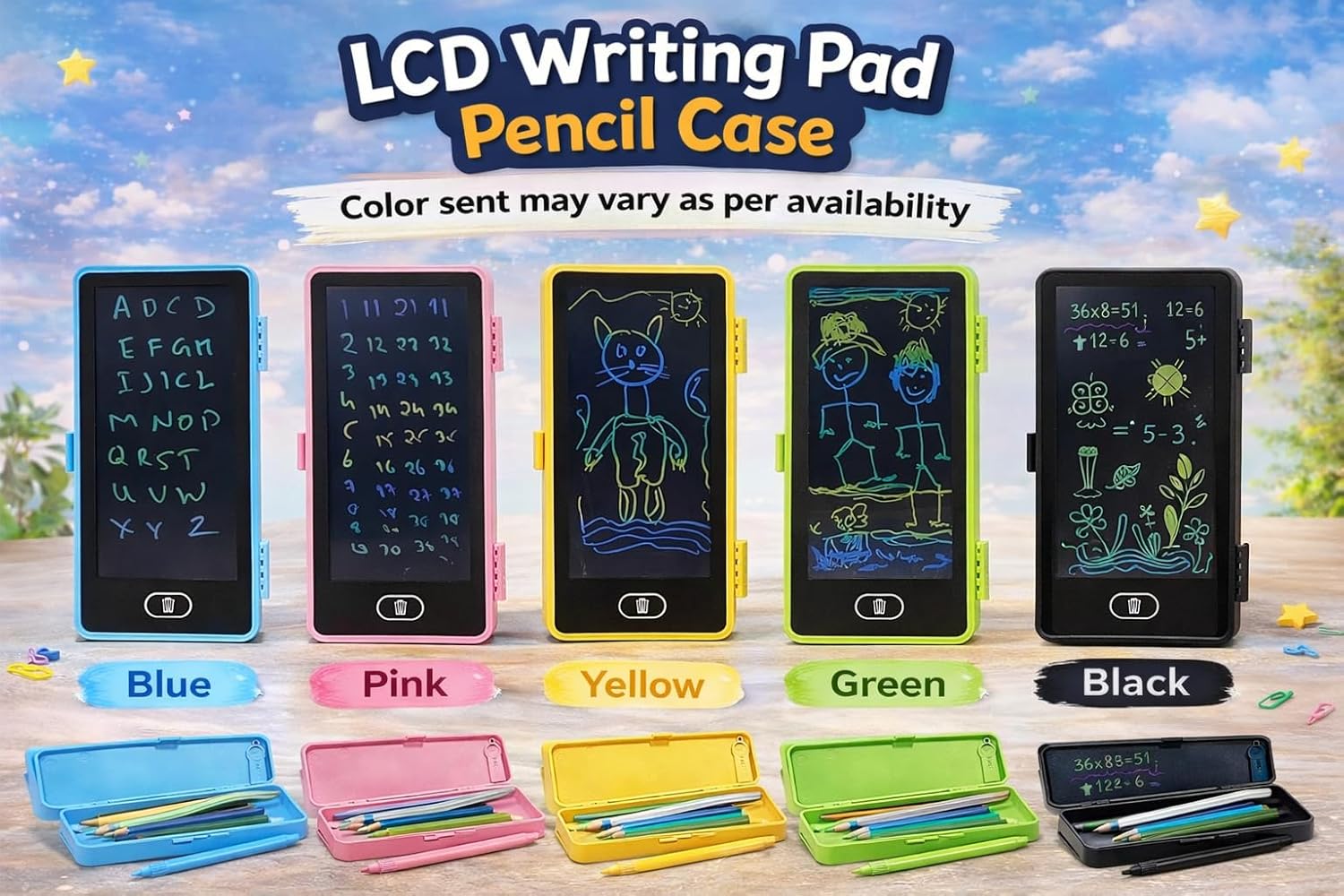2 in 1 LCD Writing Pad Pencil Box for Kids | Large Storage Smart Pencil Case with Erase Button | Drawing Tablet for Boys Girls School Use