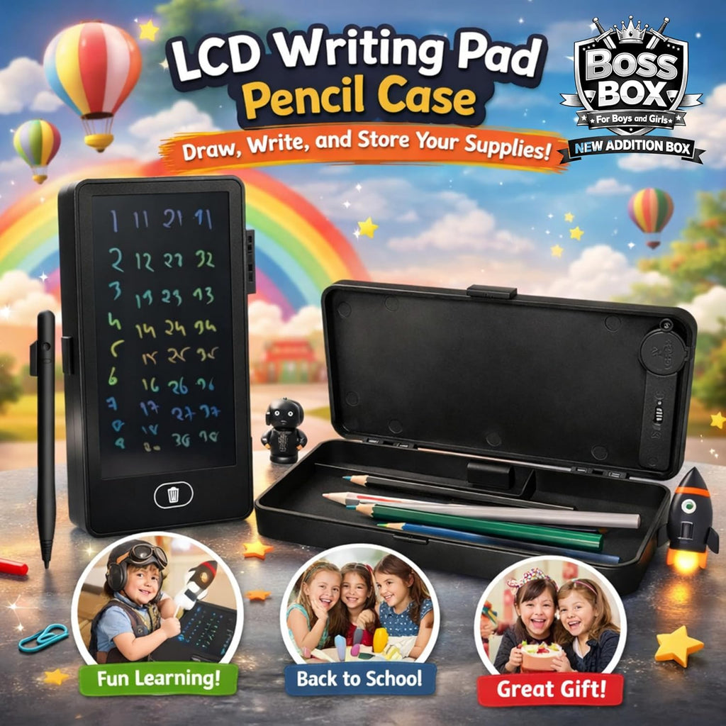 2 in 1 LCD Writing Pad Pencil Box for Kids | Large Storage Smart Pencil Case with Erase Button | Drawing Tablet for Boys Girls School Use