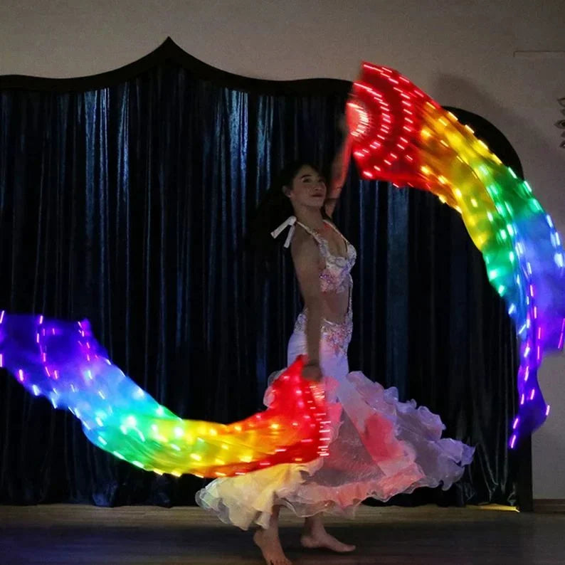 ZYOZ LED Long Fan Veil for Belly Dance – Light Up Silk Rainbow Dance Fan Props for Stage Complete Performance Set includes pair of LED long fans (Left & Right) Festivals, Costume & Events Random 1pc