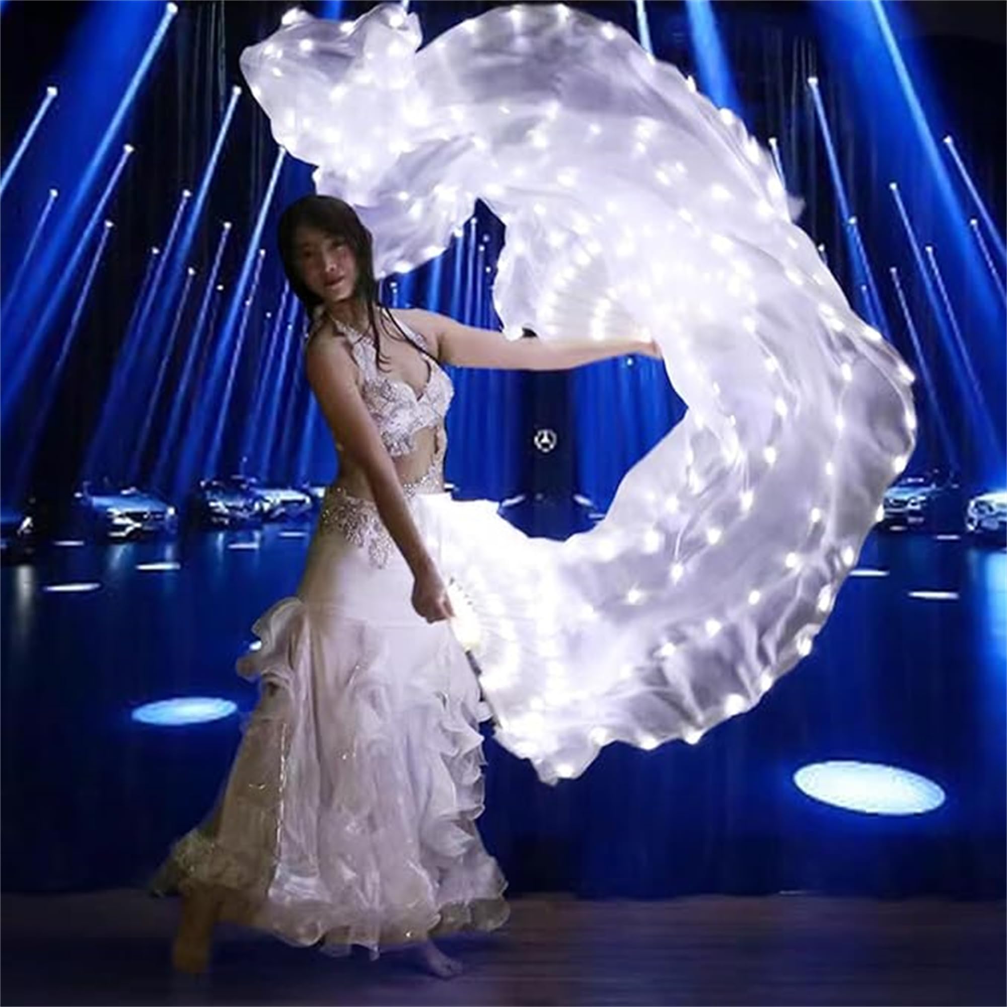 ZYOZ LED Long Fan Veil for Belly Dance – Light Up Silk Rainbow Dance Fan Props for Stage Complete Performance Set includes pair of LED long fans (Left & Right) Festivals, Costume & Events Random 1pc Main image