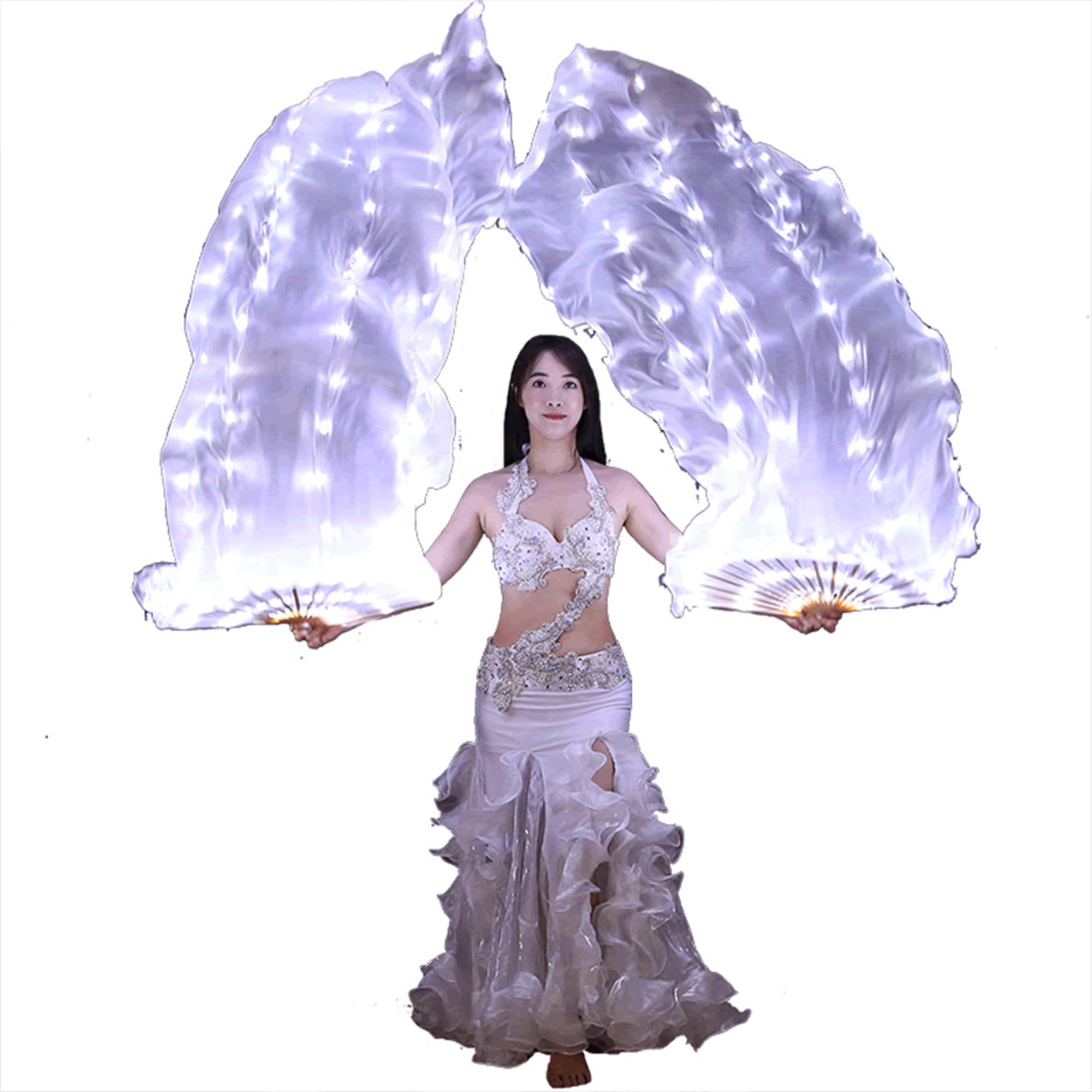 ZYOZ LED Long Fan Veil for Belly Dance – Light Up Silk Rainbow Dance Fan Props for Stage Complete Performance Set includes pair of LED long fans (Left & Right) Festivals, Costume & Events Random 1pc Secondary image