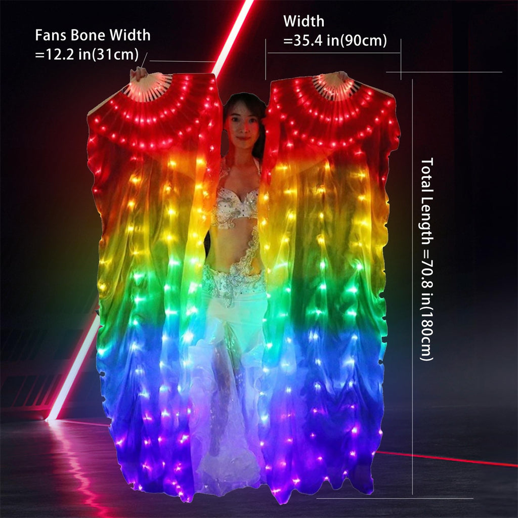 ZYOZ LED Long Fan Veil for Belly Dance – Light Up Silk Rainbow Dance Fan Props for Stage Complete Performance Set includes pair of LED long fans (Left & Right) Festivals, Costume & Events Random 1pc
