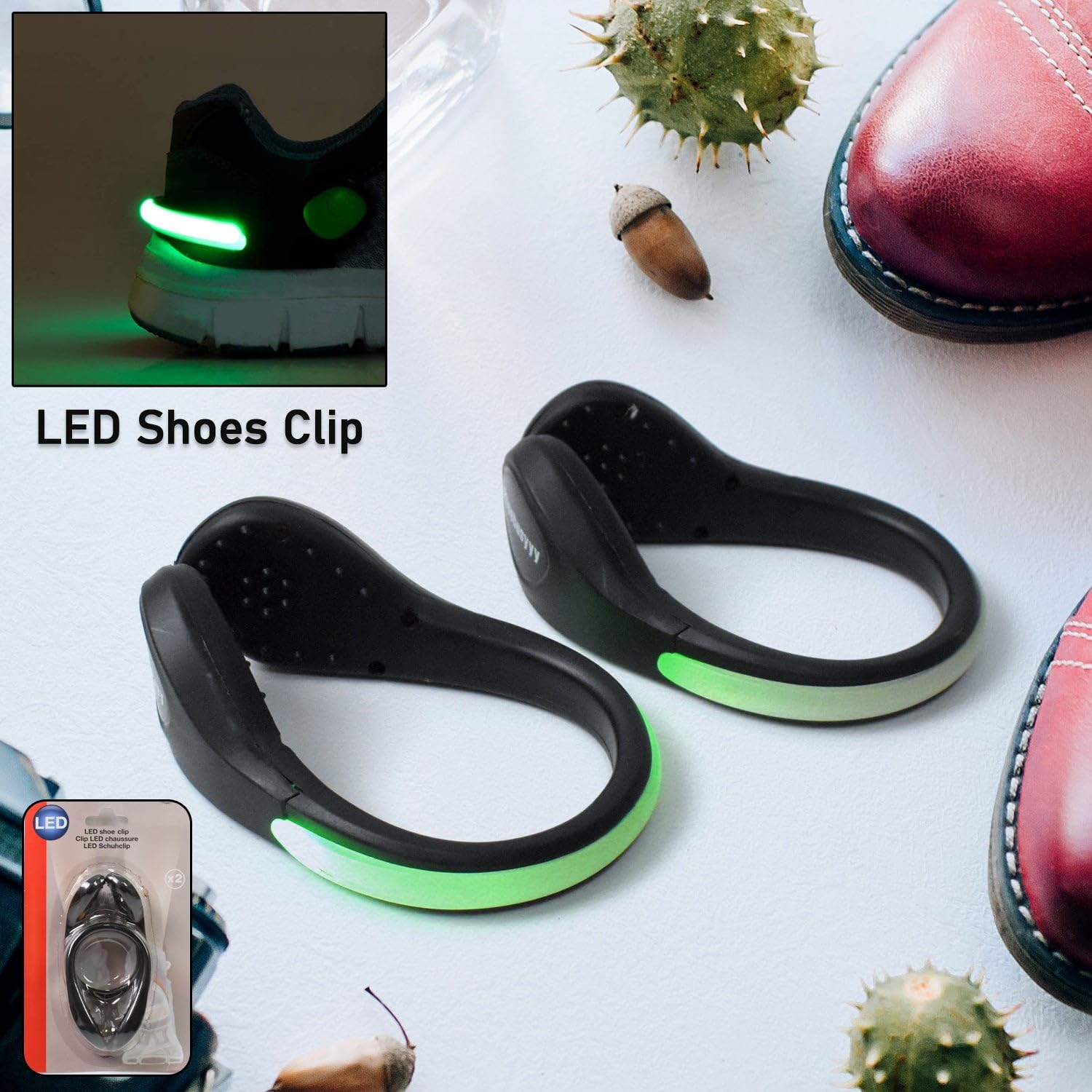 LED Shoe Clip Lights Pack of 2 Reflective Safety Night Running Gear for Runners Joggers Bikers Walkers Color Changing RGB Strobe Modes and Steady Color Flash Mode Water Resistant Main image