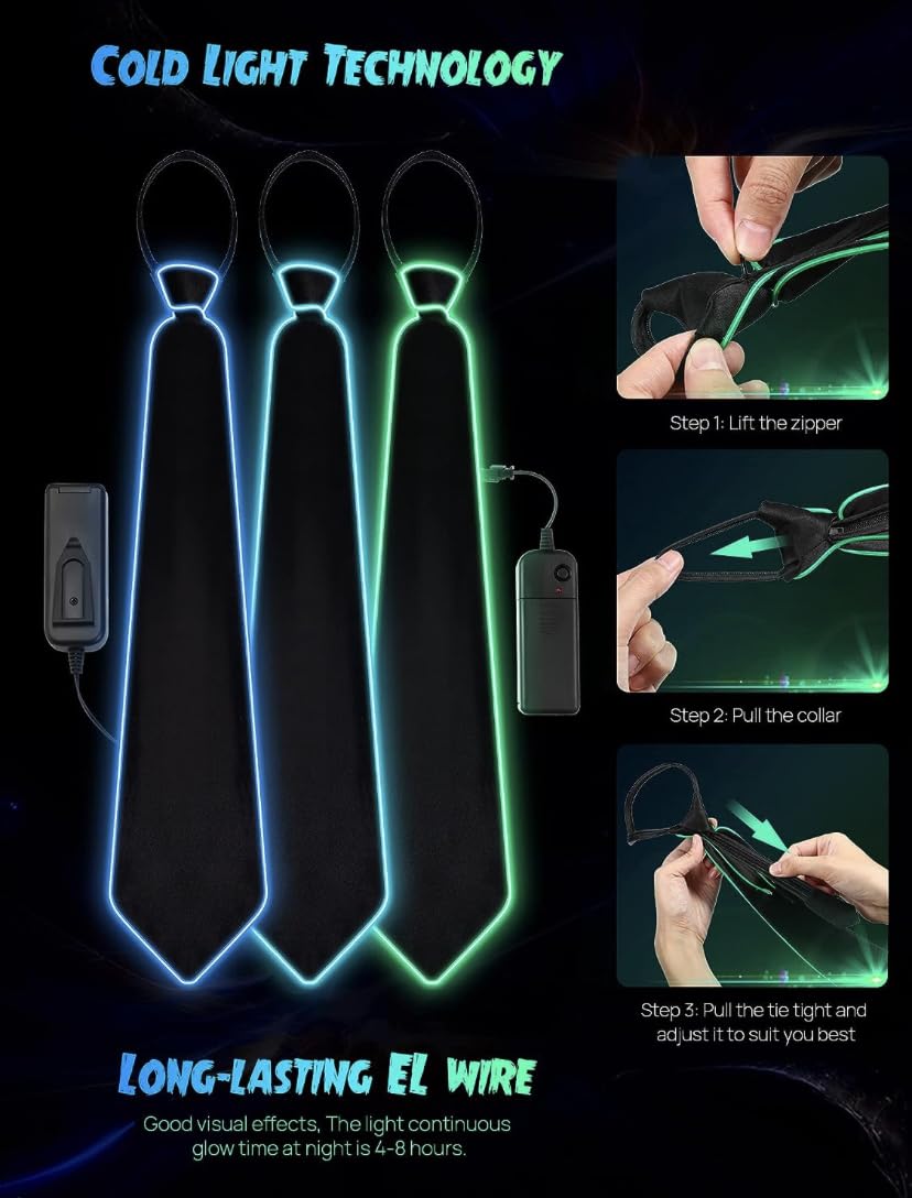 Light Up LED Neck Tie for Men, Glow in the Dark LED Necktie, Light Up LED Neon Ties, Costume Accessory for Rave Party, Night Show, Pack of 1(random colour)