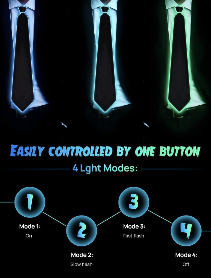 Light Up LED Neck Tie for Men, Glow in the Dark LED Necktie, Light Up LED Neon Ties, Costume Accessory for Rave Party, Night Show, Pack of 1(random colour)