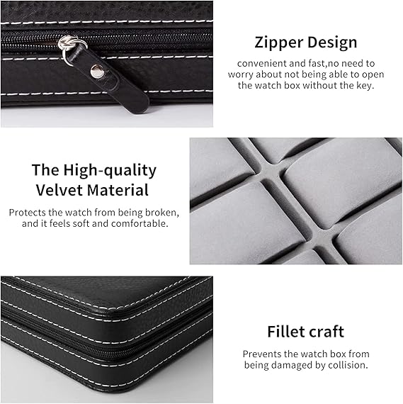 Watch Organizer Box - 6 Slot Holder with Removable Pillow, PU Leather Zippered Case for Men & Women, Travel Watch Storage