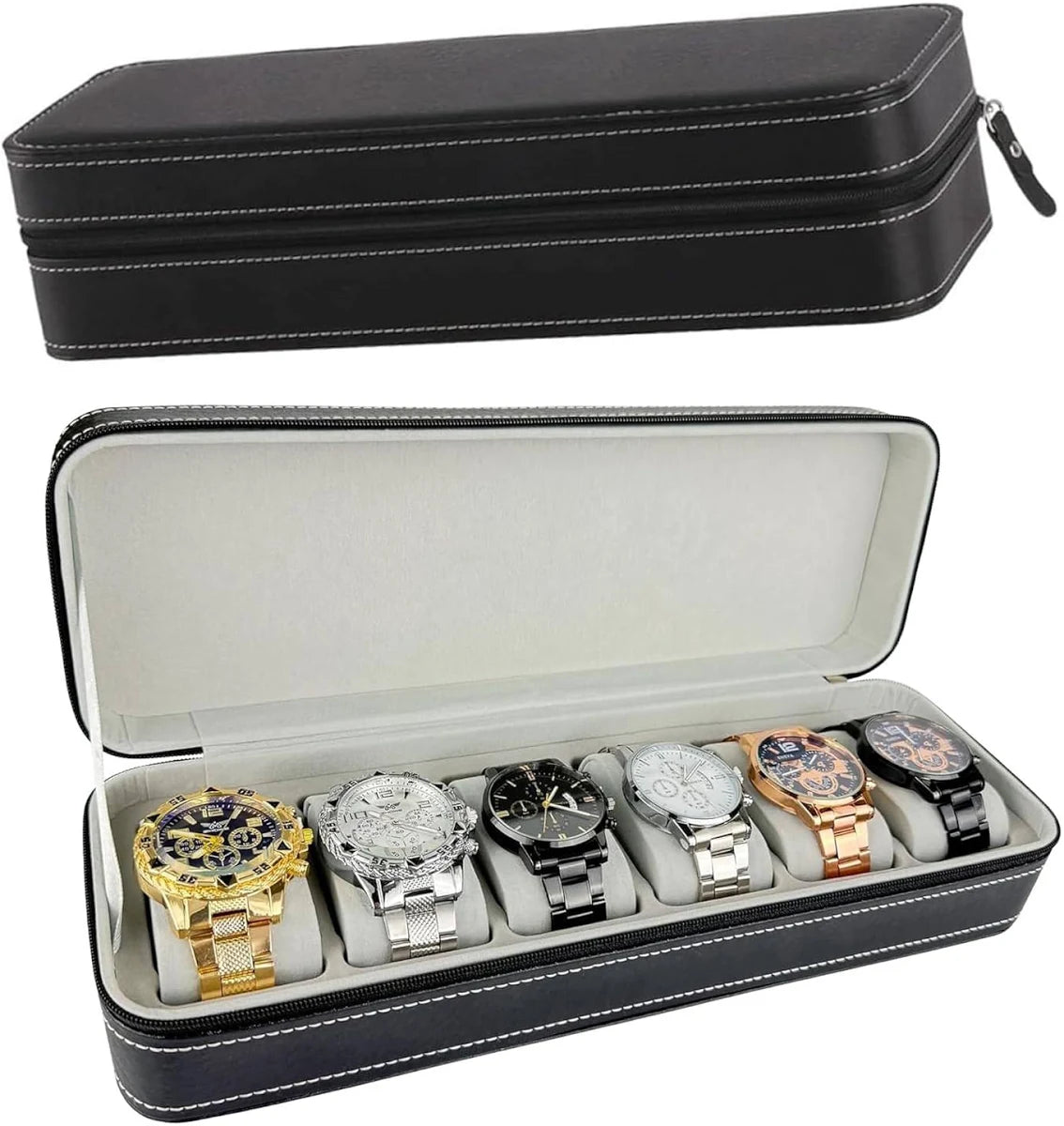 ZYOZ Watch Organizer Box - 6 Slot Holder with Removable Pillow, PU Leather Zippered Case for Men & Women, Travel Watch Storage Secondary image