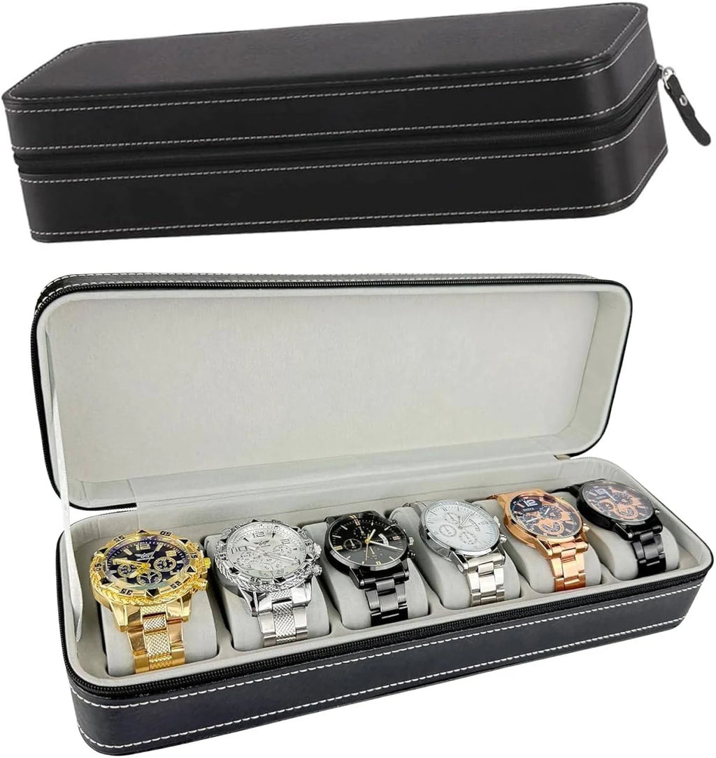 Watch Organizer Box - 6 Slot Holder with Removable Pillow, PU Leather Zippered Case for Men & Women, Travel Watch Storage