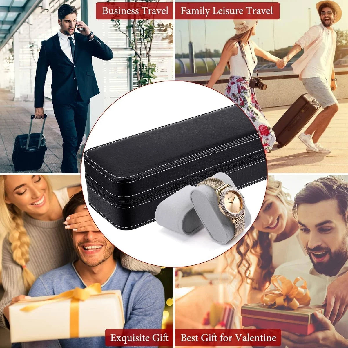 Watch Organizer Box - 6 Slot Holder with Removable Pillow, PU Leather Zippered Case for Men & Women, Travel Watch Storage